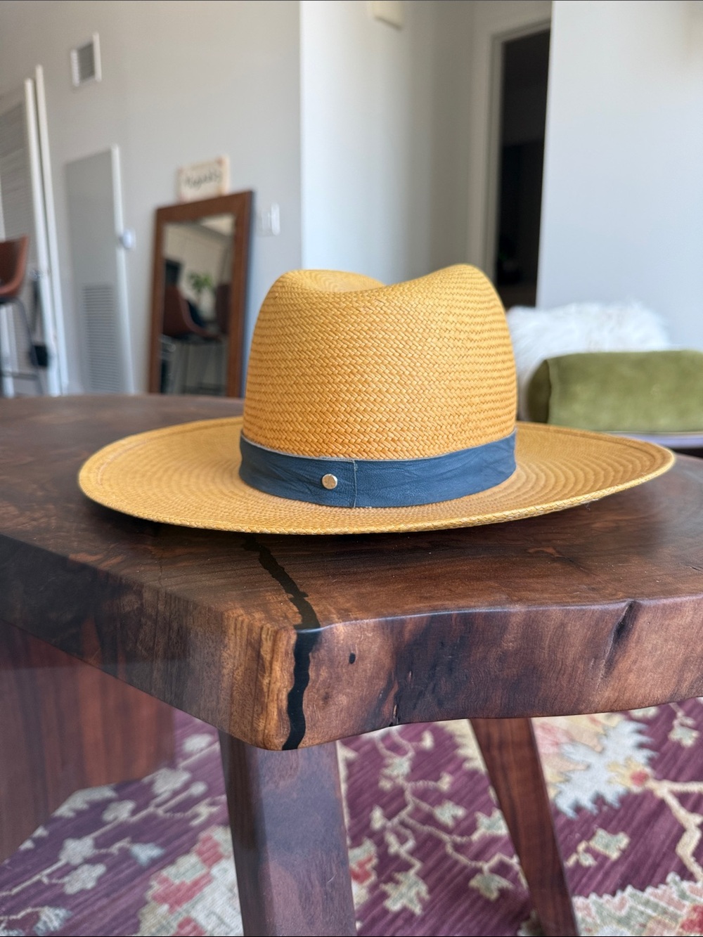 Janessa Leone Straw Fedora with Gray/Blue Band